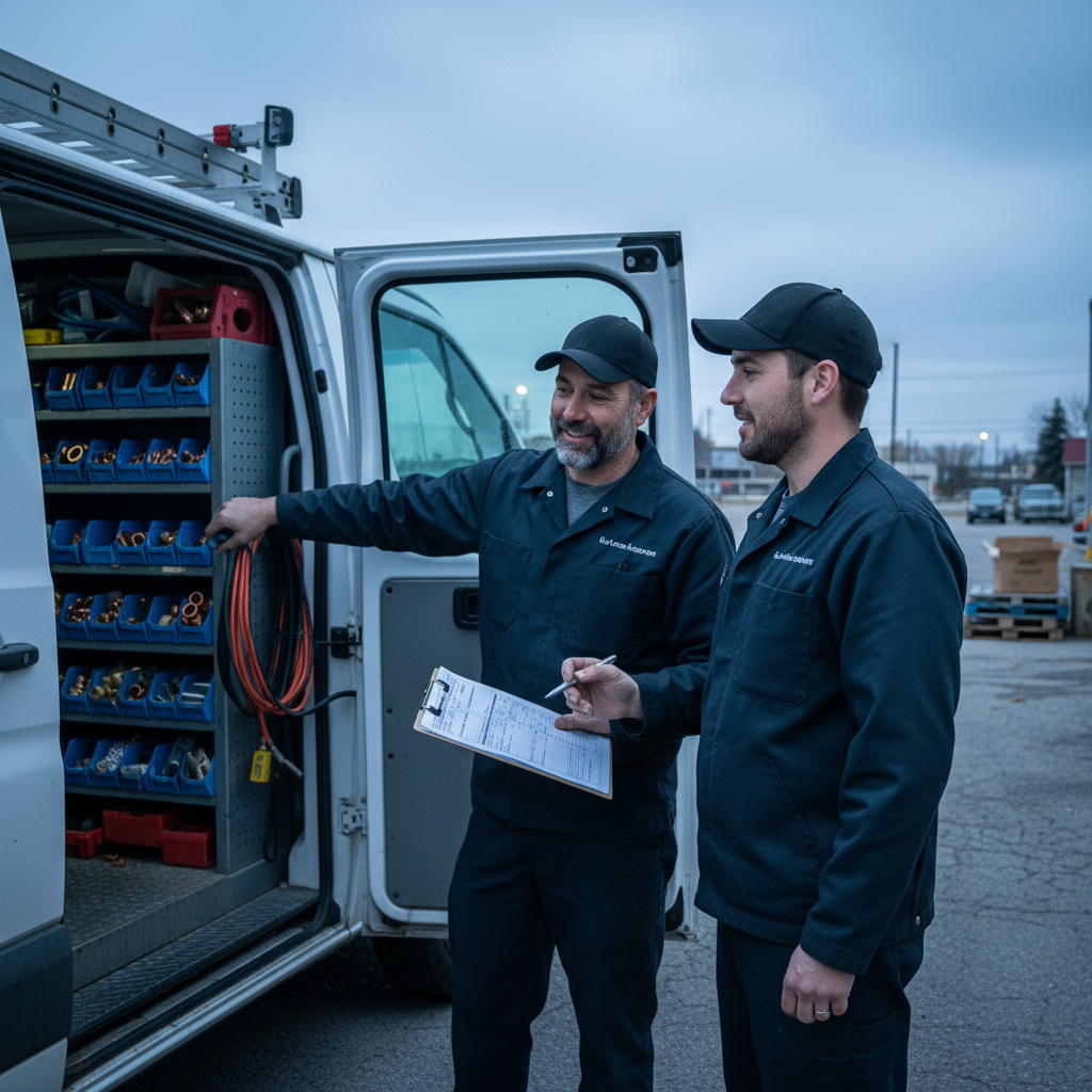 Two Mr. Furnace HVAC technicians beside a service van loaded with tools and parts, in Niagara