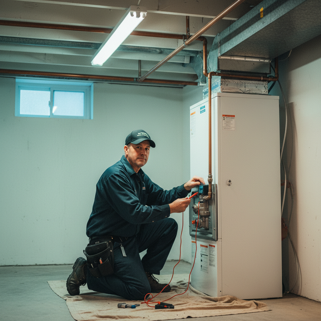 Mr. Furnace technician servicing a residential gas furnace in a St. Catharines basement
