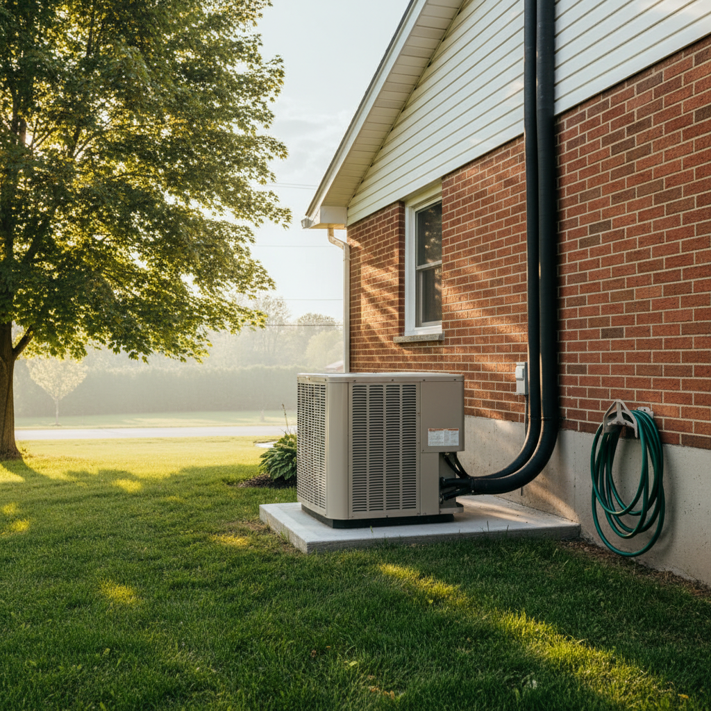 Outdoor central air conditioner condenser unit installation at a Niagara home
