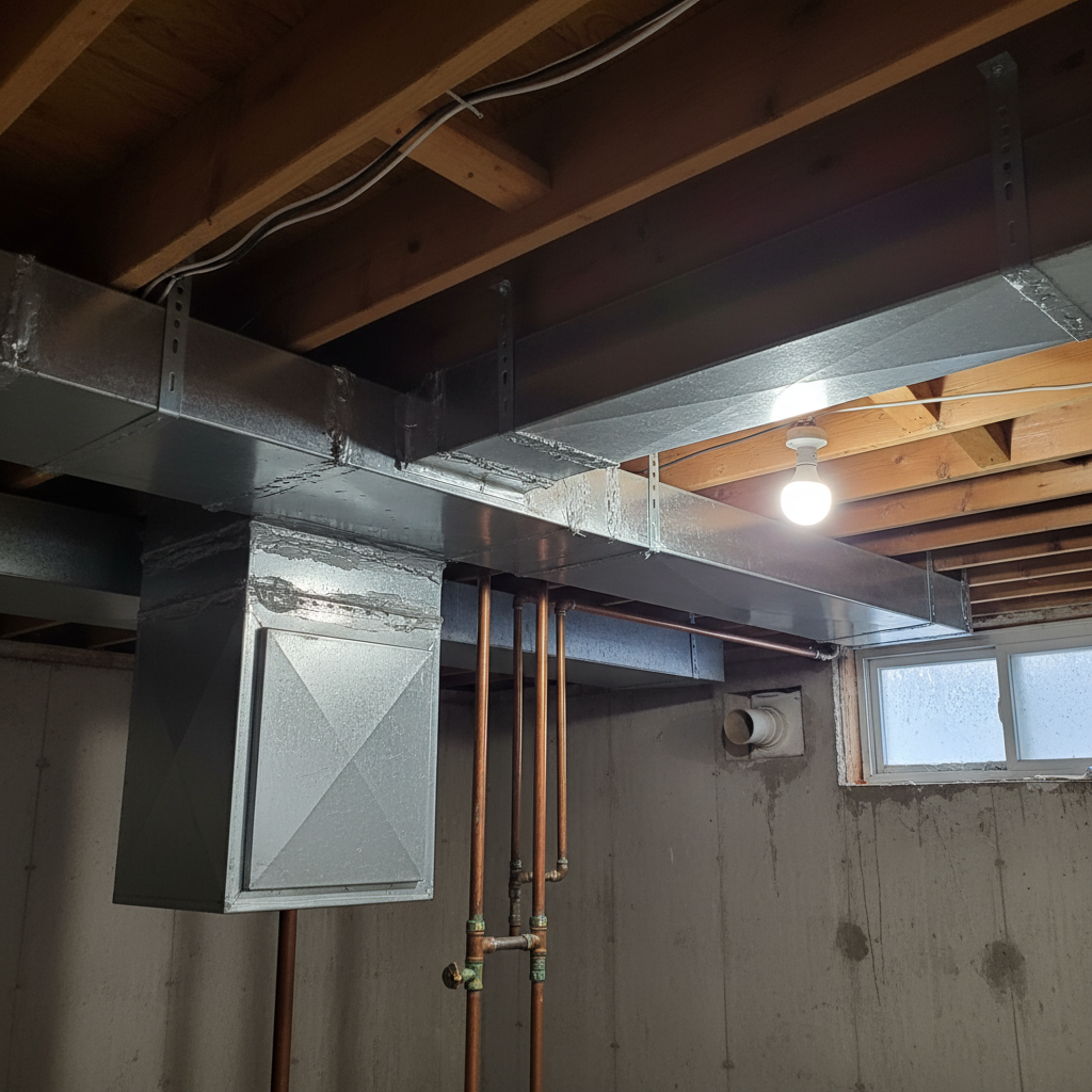 Custom galvanized ductwork run in a Niagara basement with new air filter cabinet