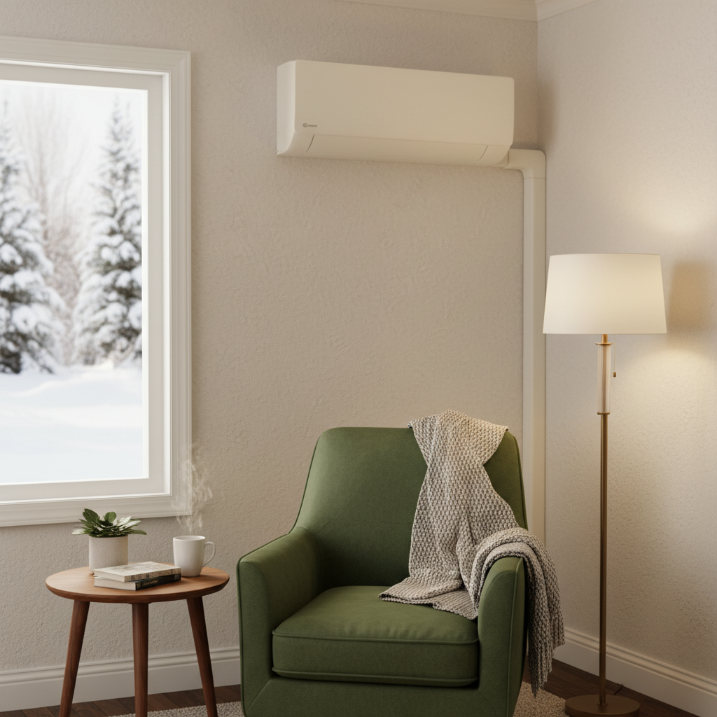 Wall-mounted ductless mini-split heat pump indoor head unit installed in a living room