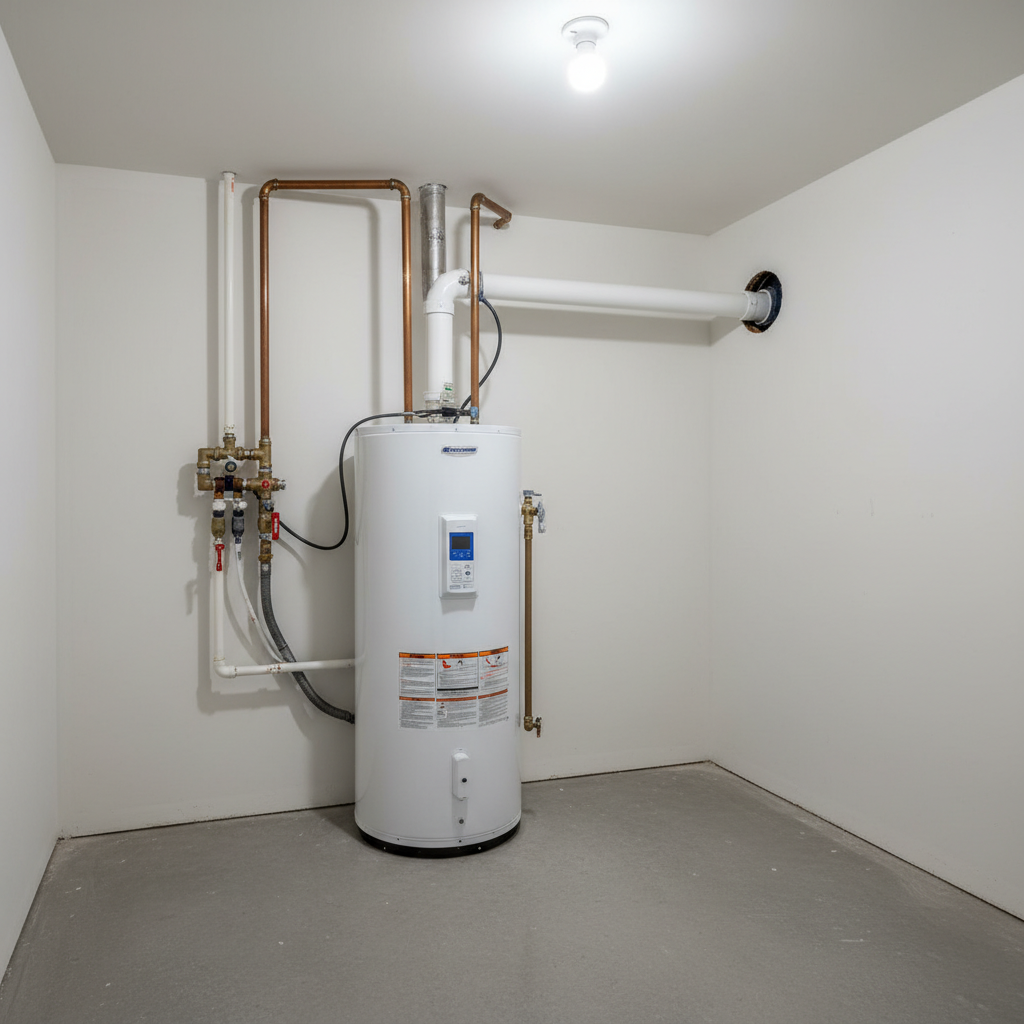 Power-vented gas water heater installed in a clean basement utility room